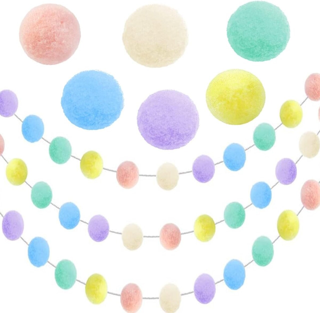Easter Pom Pom Garland Decorations, 3 Pack 30 Balls Pastel Felt Ball Garlands Colorful Hanging for Wall Window Classroom Birthday Party Home Decor